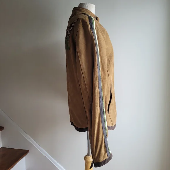 Vintage 90s MISS SIXTY Racer Moto Aviatior Suede Tan Jacket Brown Stripes M/L - Picture 8 of 15